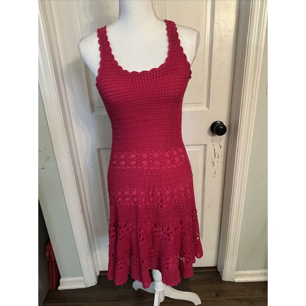 Trina Turk Crochet Ruffle Sleeveless Shift Dress in Hot Pink Ruffle Size P (XS)